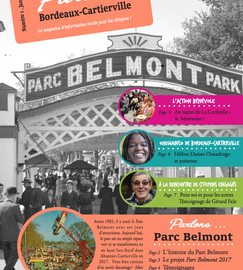 page de couverture du document, on voit le parc belmont en noir et blanc et les thématiques sont en couleurs