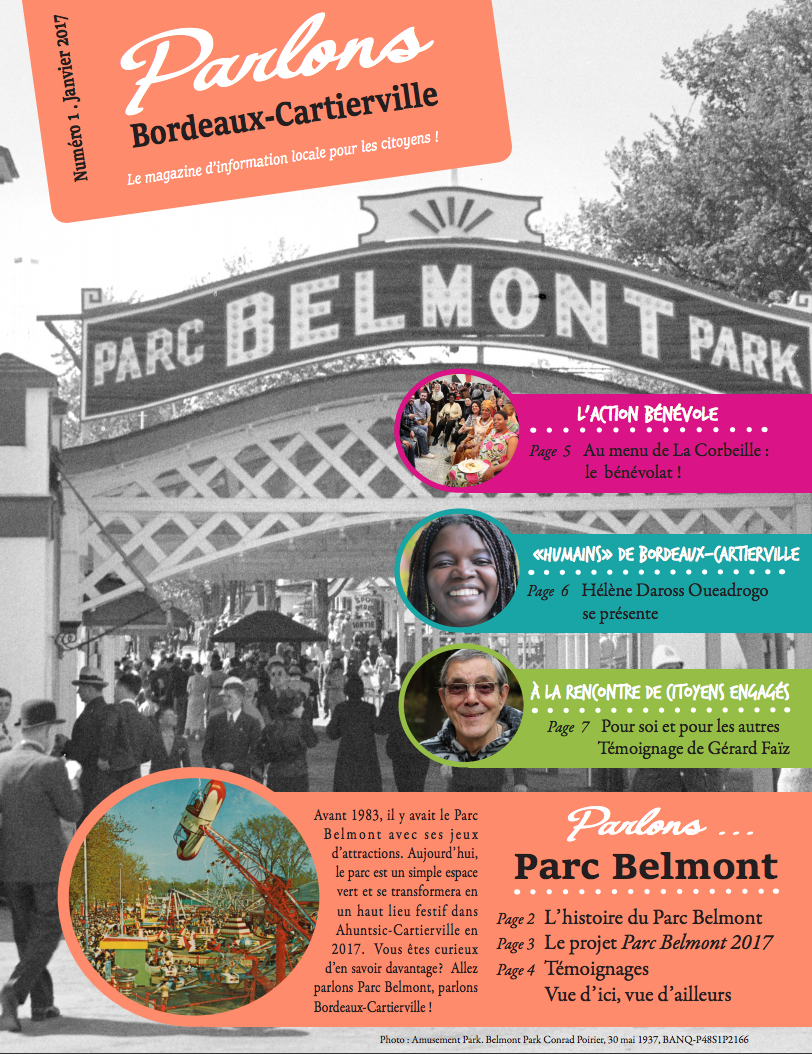 page de couverture du document, on voit le parc belmont en noir et blanc et les thématiques sont en couleurs