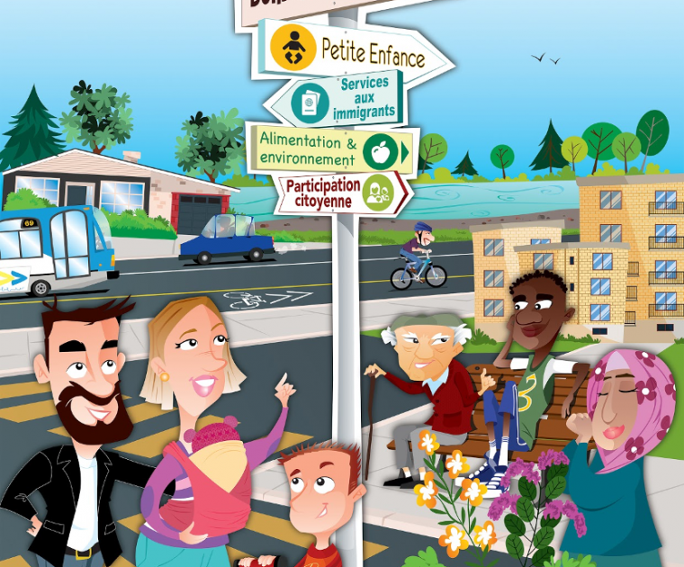 illustration du bottin des ressources avec des personnes issues de la diversité qui souhaitent s'orienter dans les rues de Bordeaux-Cartierville. On voit un homme, un aîné, une femme avec un bébé, un enfant et une femme portant le voile.